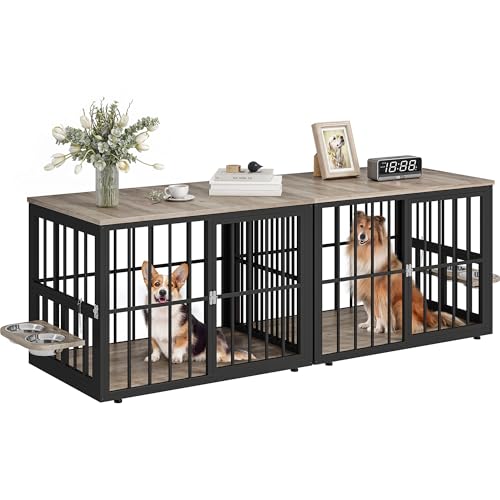 YITAHOME 88.6" Large Corner Dog Crate Furniture for 2 Dogs, Large Wooden Dog Kennel with Dog Bowls & 3 Doors