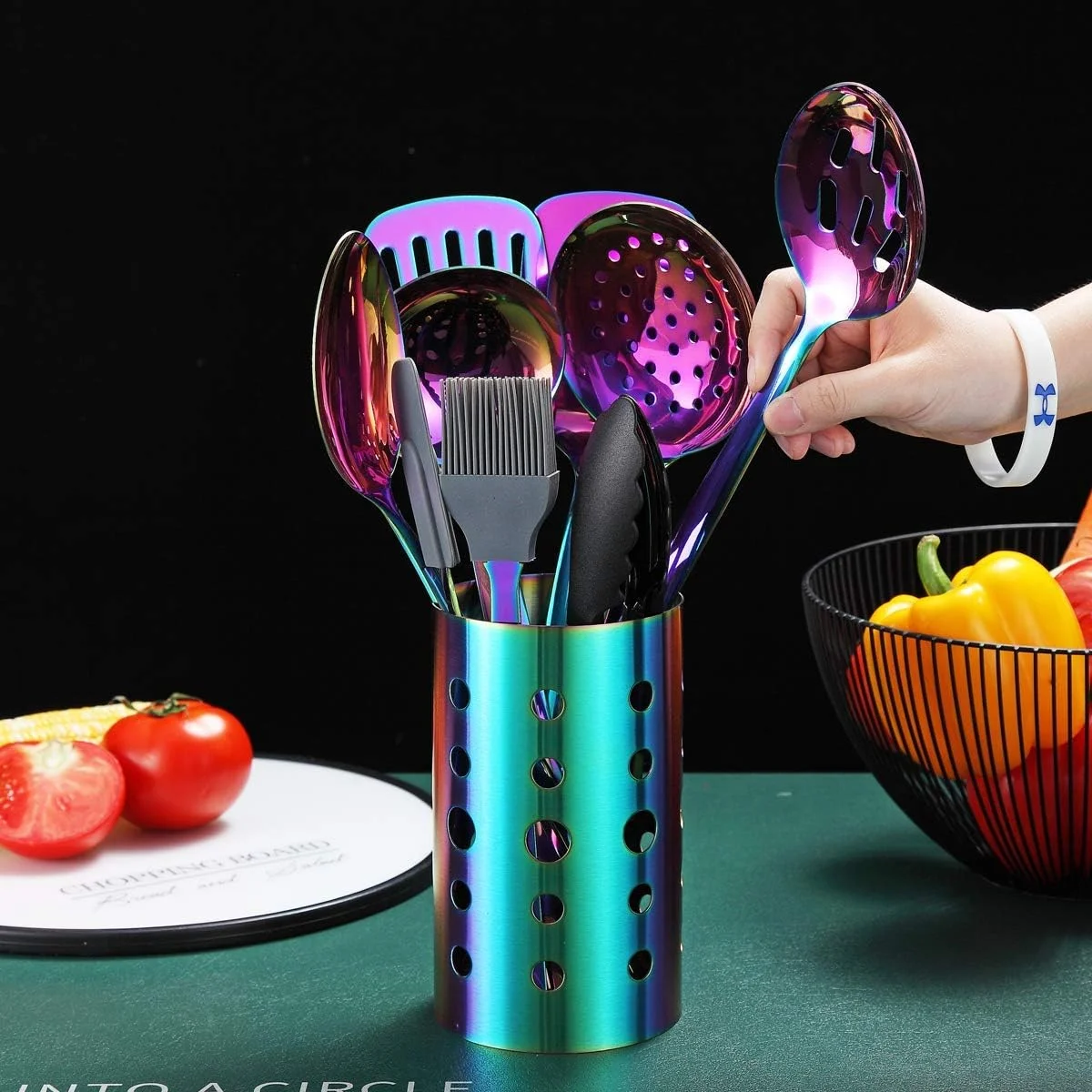 Rainbow Kitchen Utensil Set, 13-Piece Stainless Steel Cookware Set, Titanium Rainbow Plating, Kitchen Tool Set with Cutlery Holder
