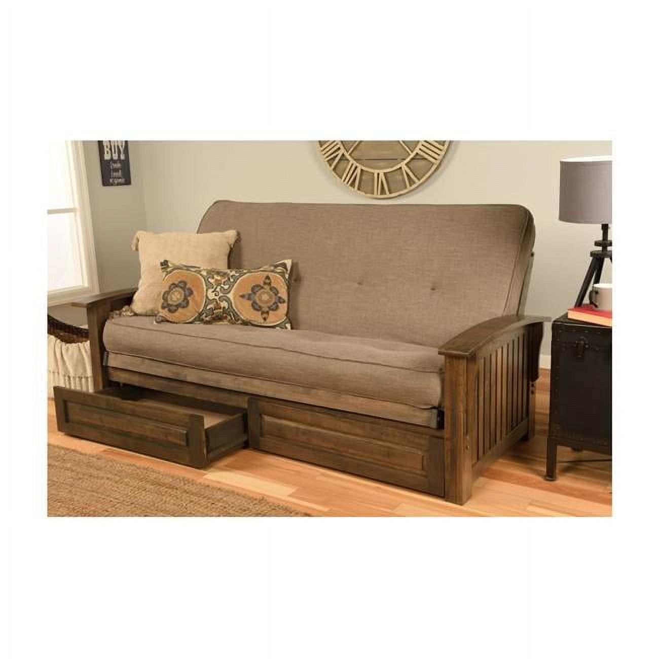 Washington Rustic Walnut Futon Frame with Linen Stone Mattress & Storage Drawers - Full Size