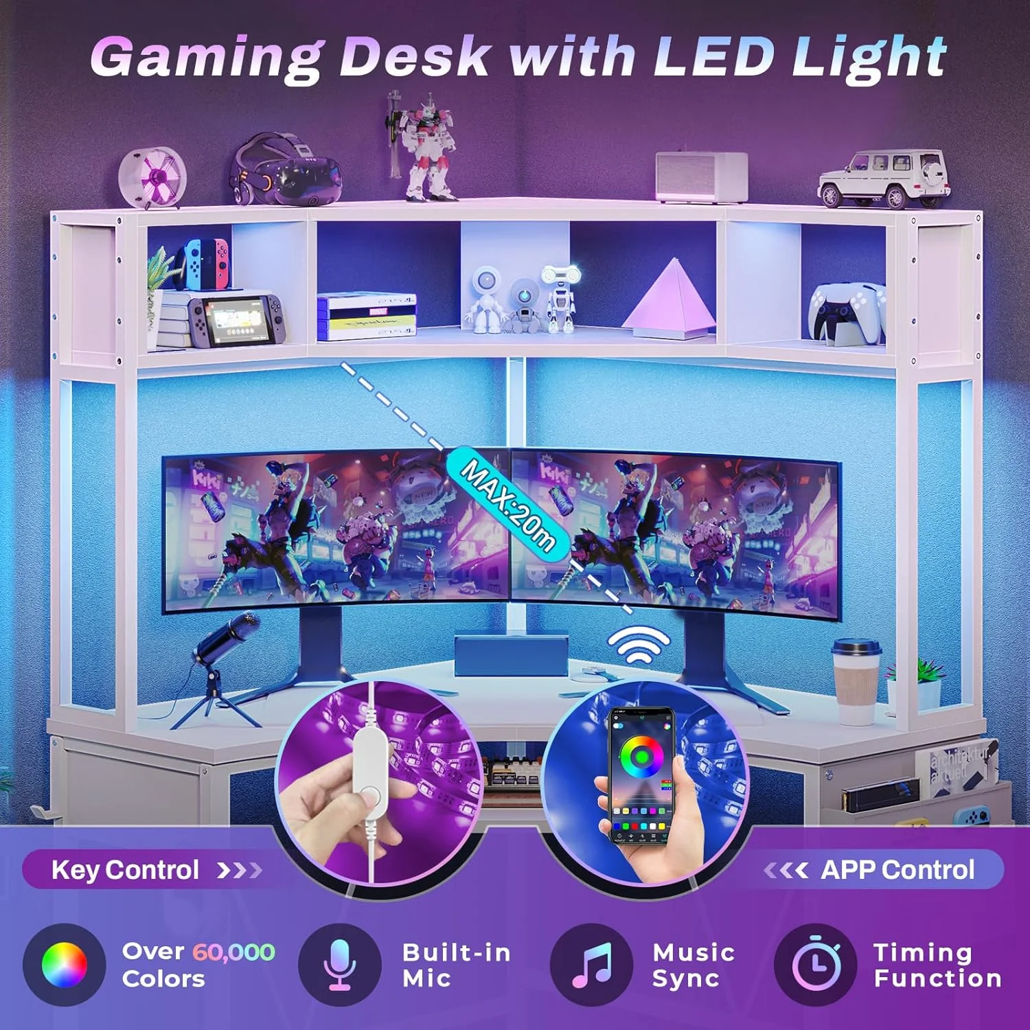 Corner Desk, Small Computer Desk with Hutch & LED Lights, Triangle Corner Computer Desk with Keyboard Tray, Storage Bag