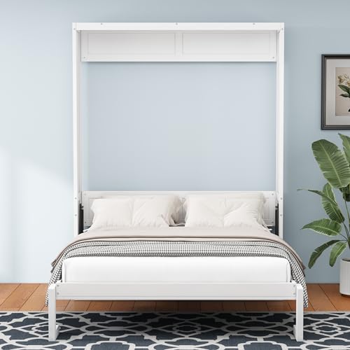 SOFTSEA Full Murphy Bed Wall Beds, Wood White Cabinet Bed 61.5” Foldable Platform Bed with Shelf for Guest Room