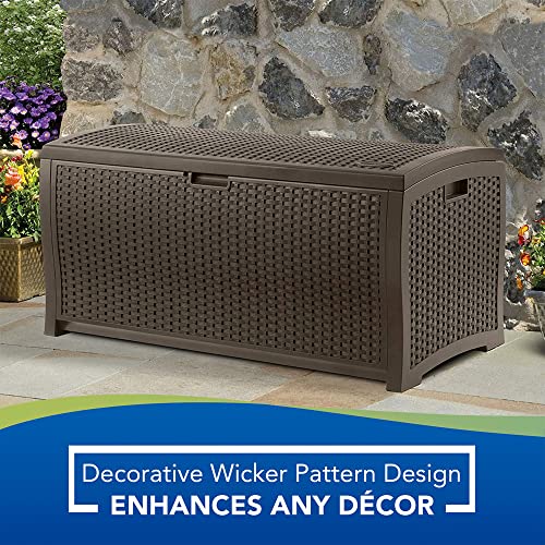 Suncast Outdoor Storage Box - 73 Gallon Mocha Brown Deck Box for Patio, Waterproof Outdoor Storage Bench, Resin Wicker Style, Heavy-Duty