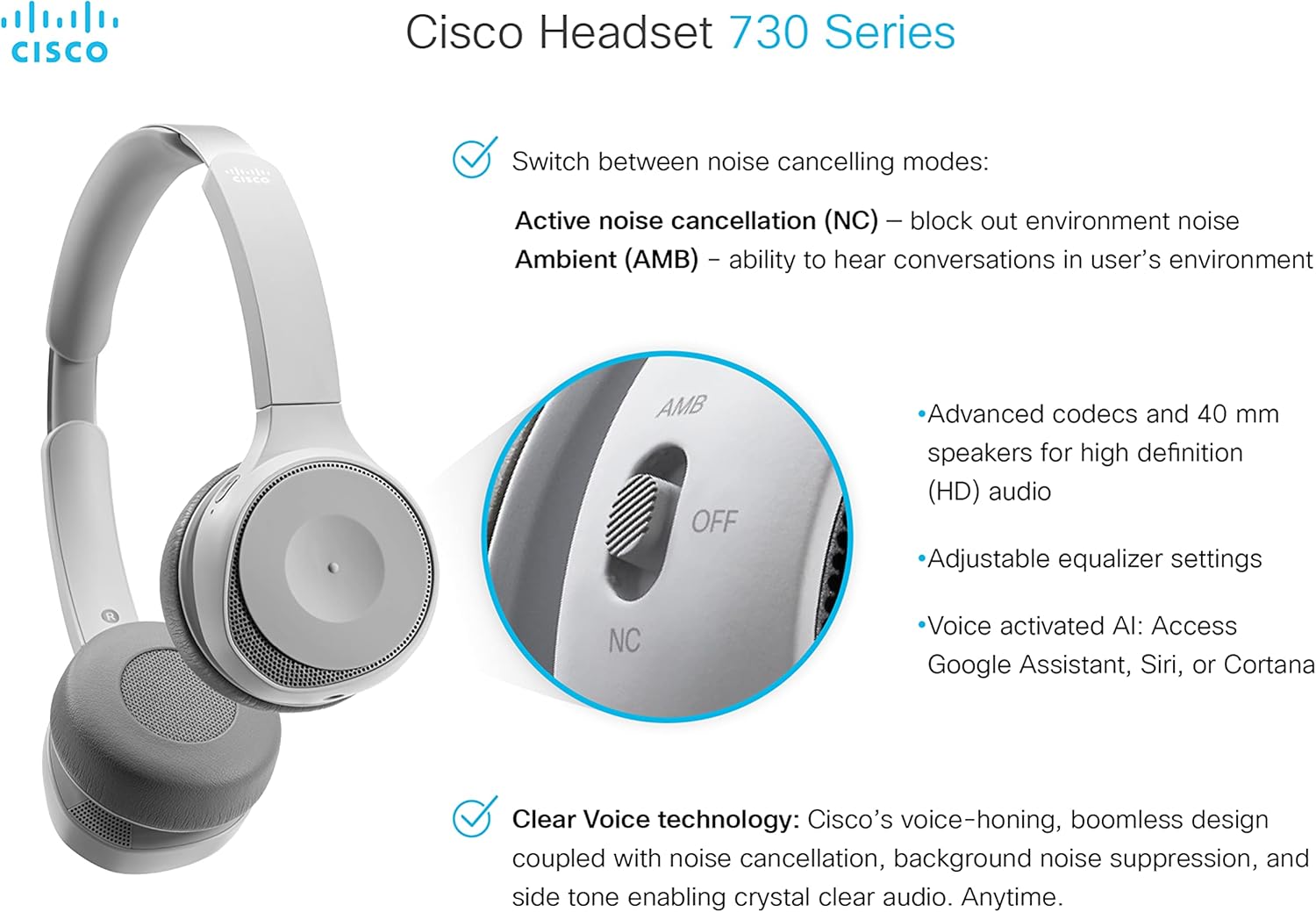Cisco Headset 730, Wireless Dual On- Ear Bluetooth Headset with Case, USB-A HD Bluetooth Adapter, USB-A and 3.5mm Cables, Platinum