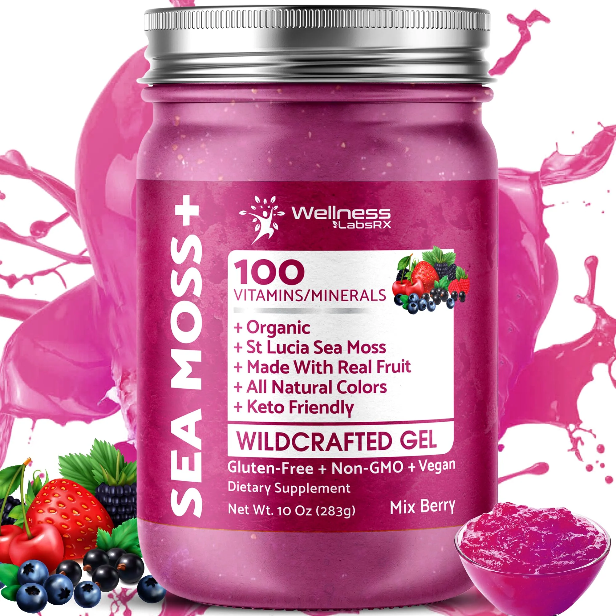 Irish Sea Moss Gel Organic Raw - Wildcrafted Superfood Seamoss Gel - Mix Berry Flavor, Vitamin and Mineral-Rich from Pristine Caribbean Waters