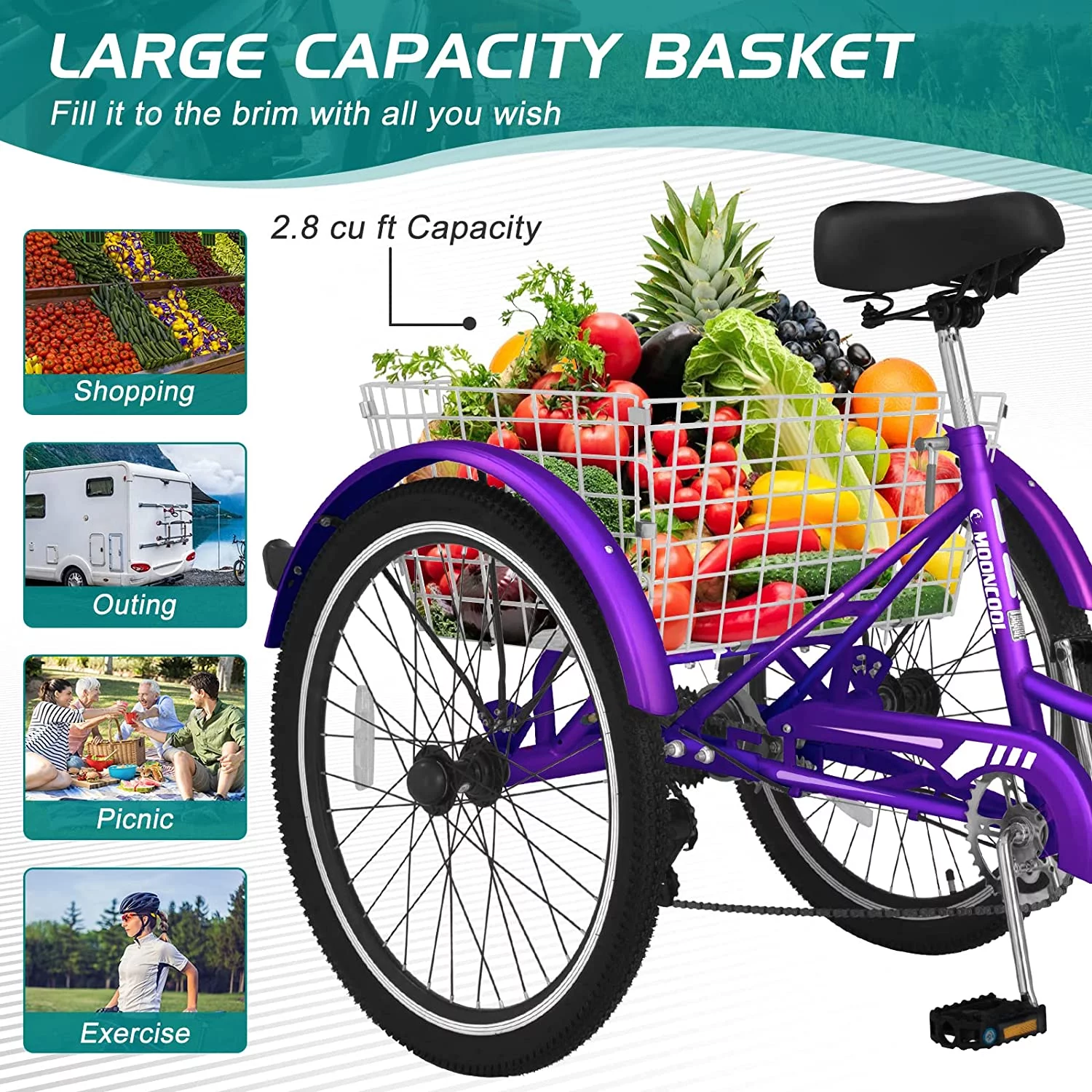 Docred Adult Tricycle 7 Speed 24 Inch Three Wheel Bike Cruiser Trike for Men/Women/Seniors