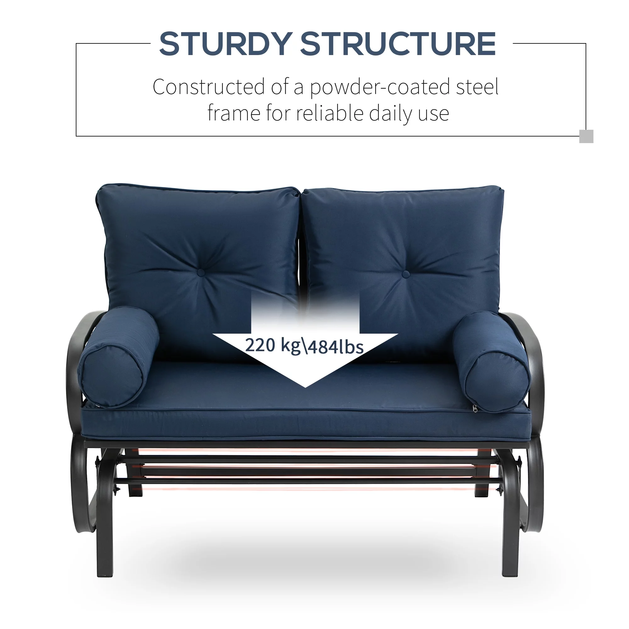 Outsunny Swing Glider Rocking Chair, Double Patio Bench, 2 Person Loveseat with Steel Frame, Cushions, Pillow Armrests, Blue