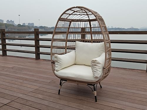 Oversize 360°Swivel Egg Chair Patio Rotating Rattan Egg Basket Lounge Chair, Wicker Egg-Shaped Chair w/Steel Frame Stand and 4 Cushions for Patio
