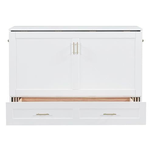 Harper & Bright Designs Queen Size Murphy Wall Bed, Chest Cube Cabinet With USB, Charging Station and Large Storage Drawer for Home Office