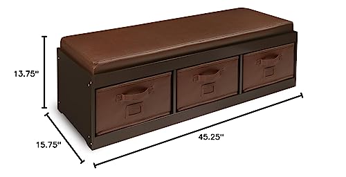 Badger Basket Kid's Padded Toy Storage Bench with Cushion and Three Fabirc Bins - Gray