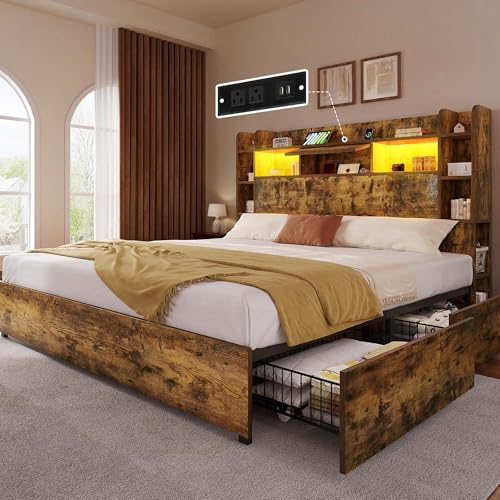 YITAHOME Queen Bed Frame with Bookcase Headboard and 4 Storage Drawers, RGB LED Bed Frame with Type-C & USB Charging Station Storage Headboard Bed