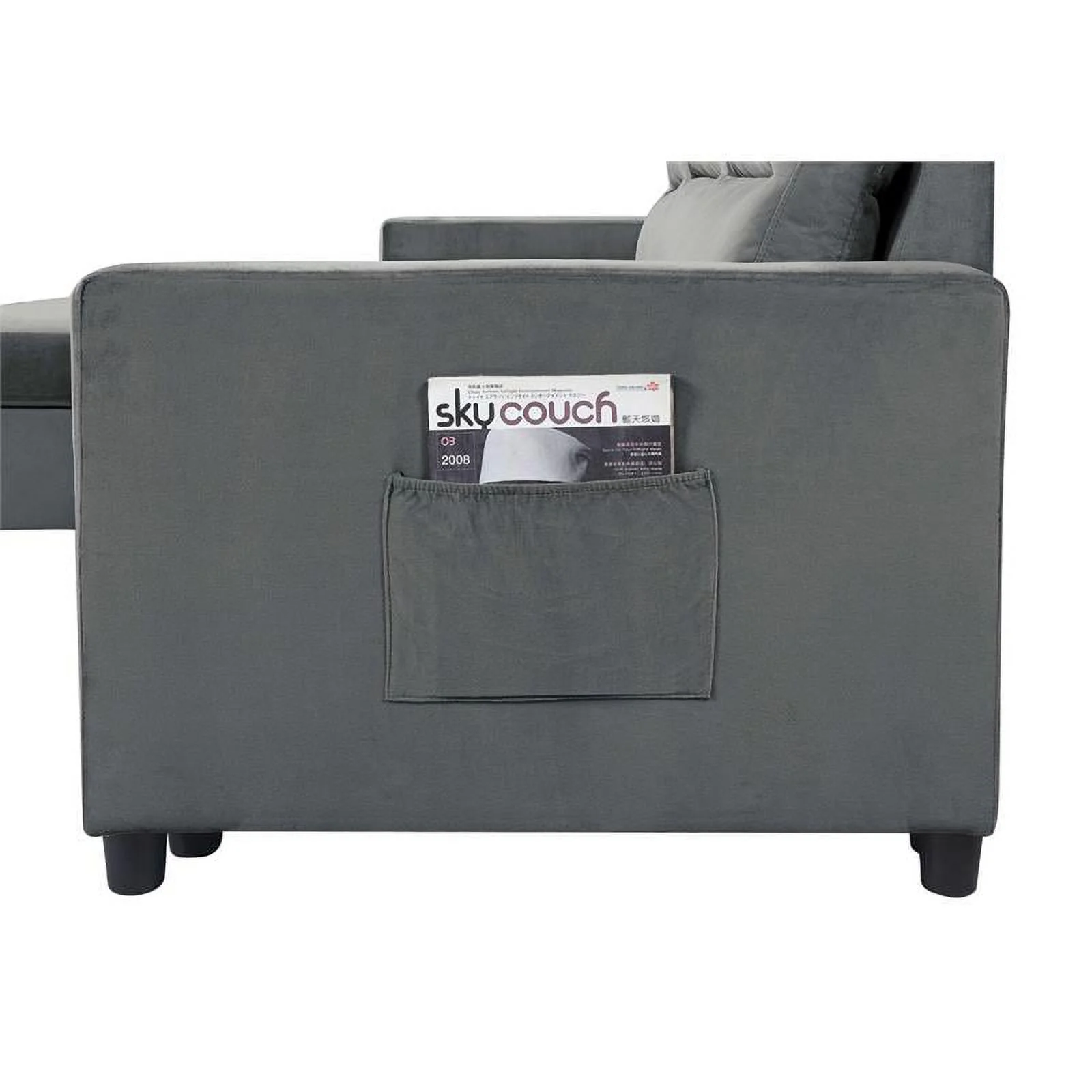 Bowery Hill Dark Gray Velvet Reversible Sleeper Sectional with Storage