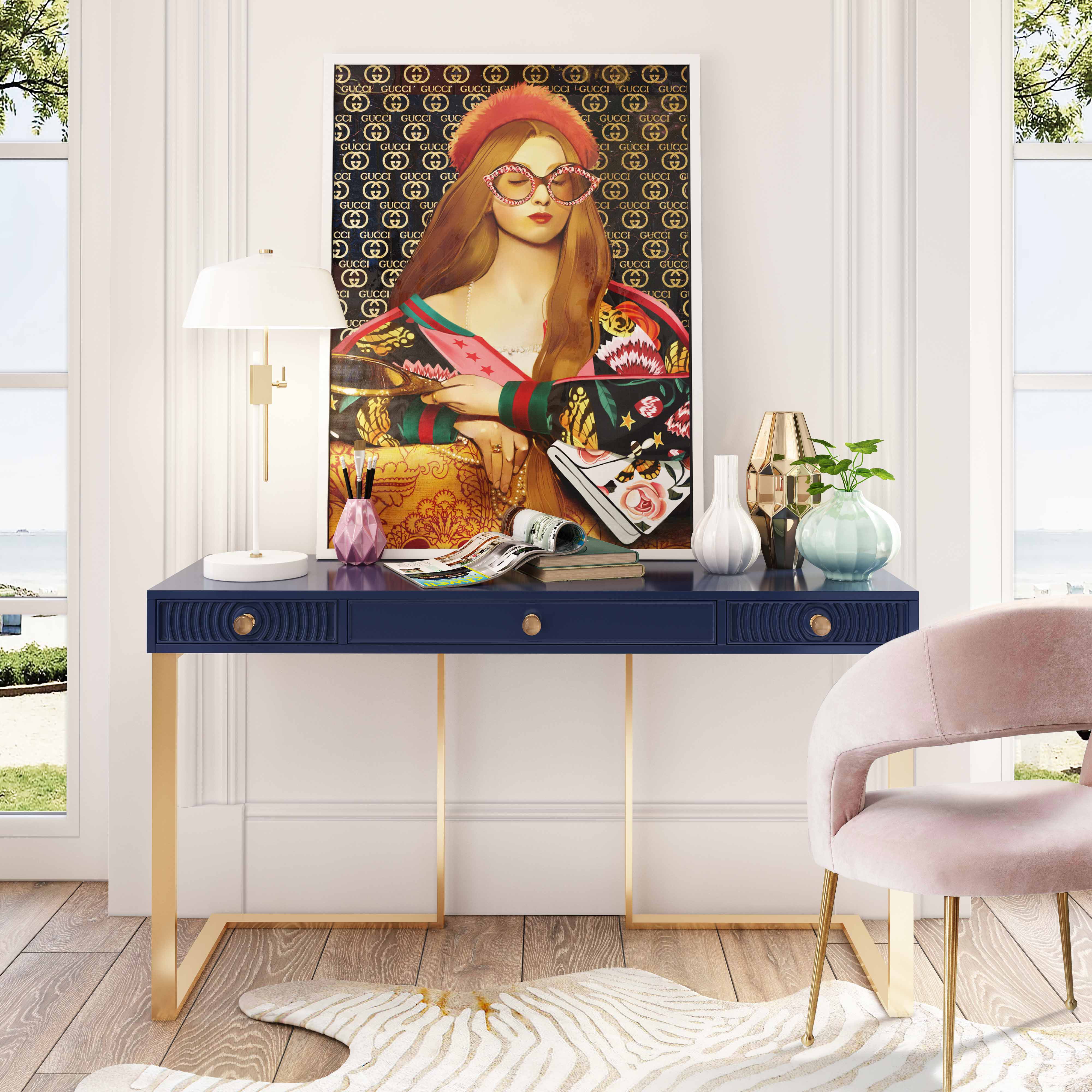 TOV Furniture Janie Blue Lacquer Office Desk With Gold Legs