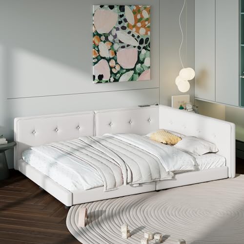 SOFTSEA Full Size Upholstered Floor Daybed, Modern L-Shaped Daybed Corner Bed with USB Ports