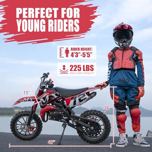 Kids Off-Road Dirt Bike 49CC 2-Stroke Gas Powered Mini Motorcycle with Front & Rear Disc Brakes, Easy Pull Start, 30 MPH Max Speed, 220 LBS Capacity