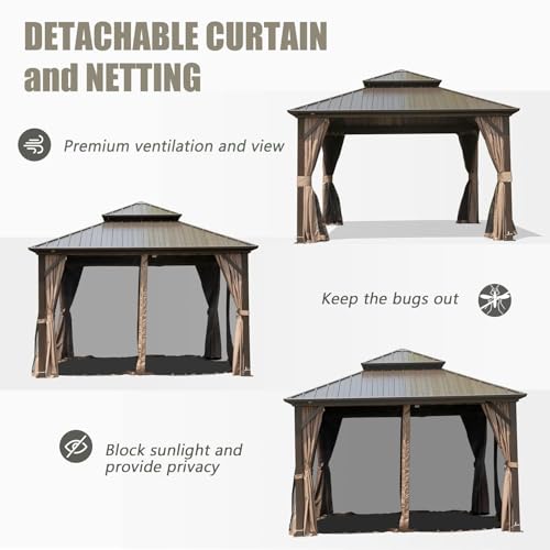 Domi 10’ x 10’ Hardtop Gazebo Metal Frame Canopy with Netting & Curtains