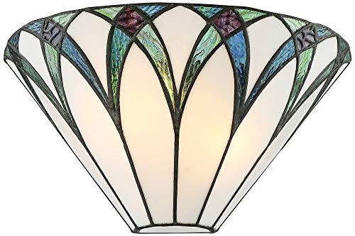 Regency Hill Filton Tiffany Style Wall Light Sconce Bronze Hardwired 12 1/4" Wide Fixture Blue White Stained Art Glass Shade for Bedroom Bathroom