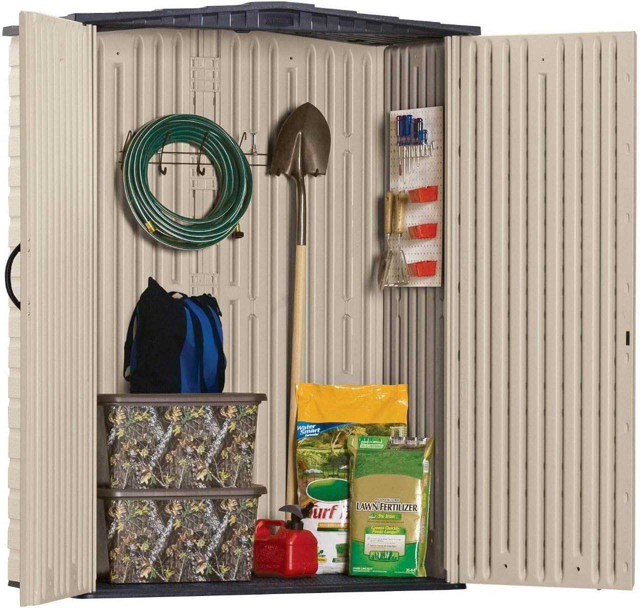 Rubbermaid Small Vertical Resin Outdoor Storage Shed With Floor (2.3 x 4.6 Ft), Weather Resistant, Beige/Brown