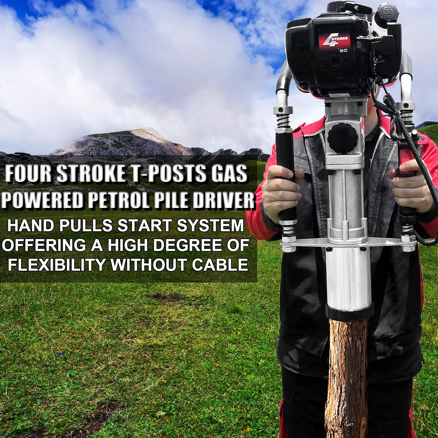 Gas Powered 4-Stroke T Post Driver Hammer Drills, 37.7CC Gasoline Engine Pile Driver