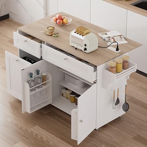 Kitchen Island with Storage, Kitchen Islands on Wheels with Drop Leaf&Power Outlet, Large Rolling Kitchen Island with Trash Can Storage