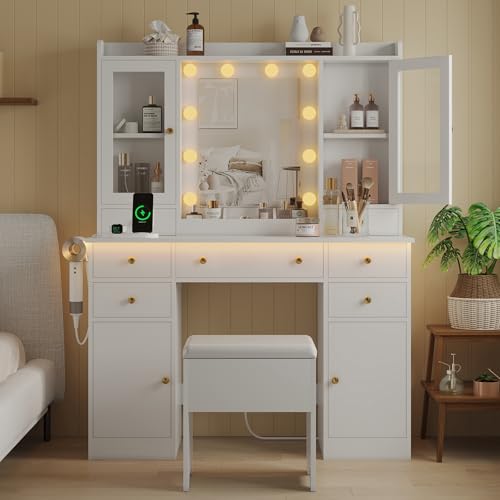 Makeup Vanity Desk with Mirror and Lights, White Vanity Table Set with Storage Drawers, Charging Station, Cabinets & Chair