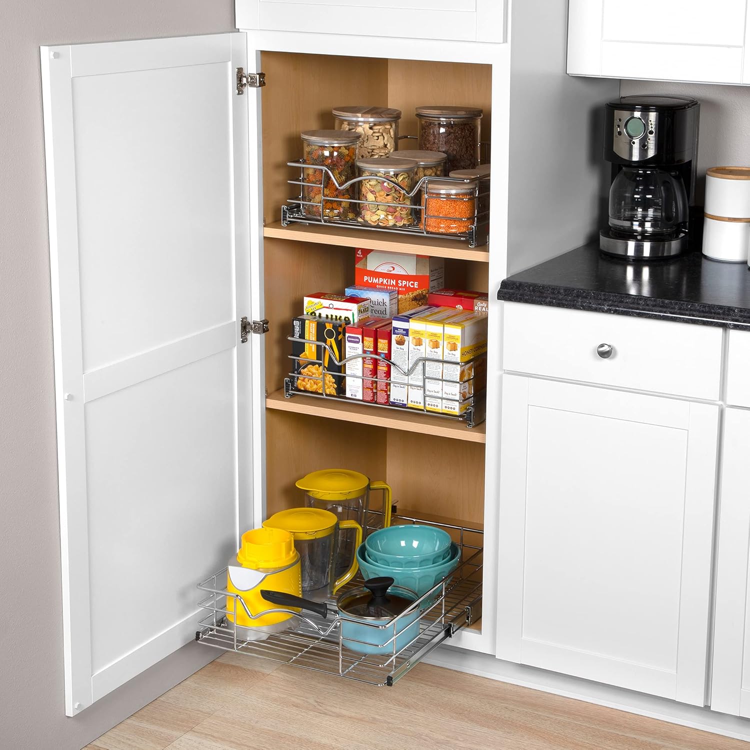 Heavy Duty Pantry Pull Out Cabinet Organizer Basket 5” High –5 Year Limited Warranty- Slide Out Drawer Shelf for Pots, Pans, Cans, jars, Canisters