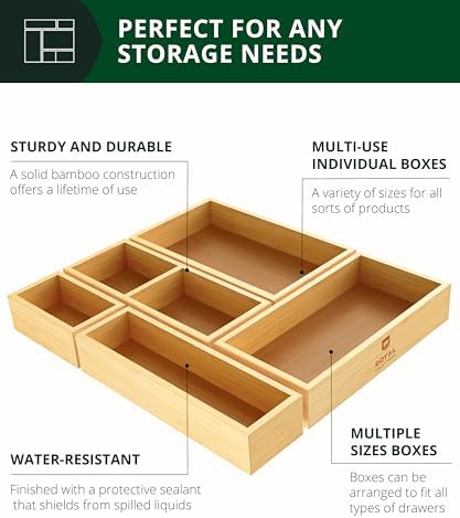 ROYAL CRAFT WOOD 5-Piece Bamboo Drawer Organizer Set – Multi-Use Storage Trays for Kitchen, Bathroom, Office, Makeup