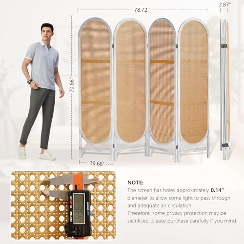 4 Panels Room Divider Wall, Foldable Wooden Room Divider, Individual Privacy Screen Made of Hand-Woven Rattan