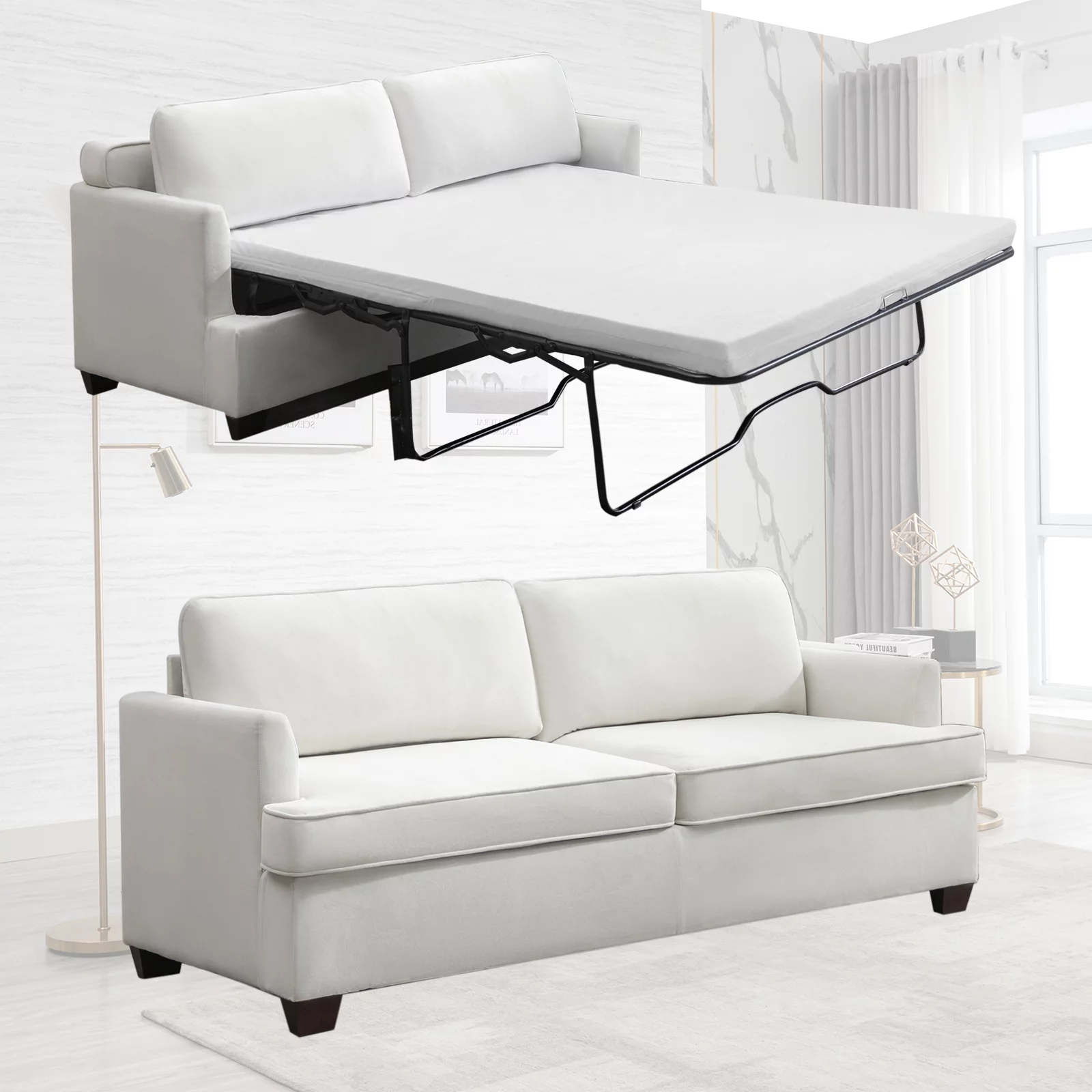 Mjkone 77.1"W Convertible Pull Out Sofa Bed with Foam Mattress , Velvet Loveseat Sleeper Sofa Bed