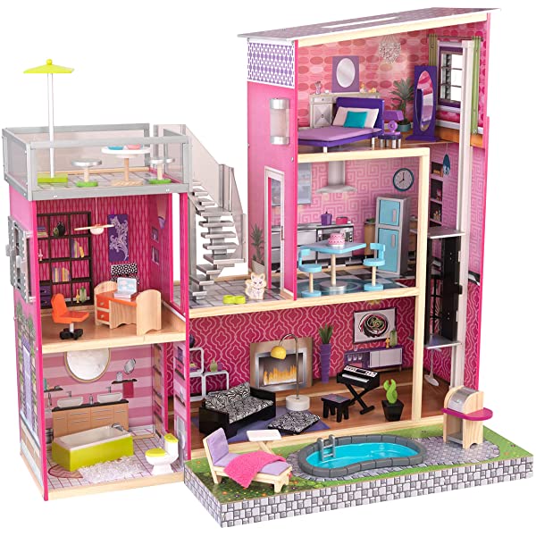 Wooden Modern Dollhouse with Lights & Sounds, Pool and 36 Accessories, Gift for Ages 3+ 49.25" x 25.25" x 46.25"