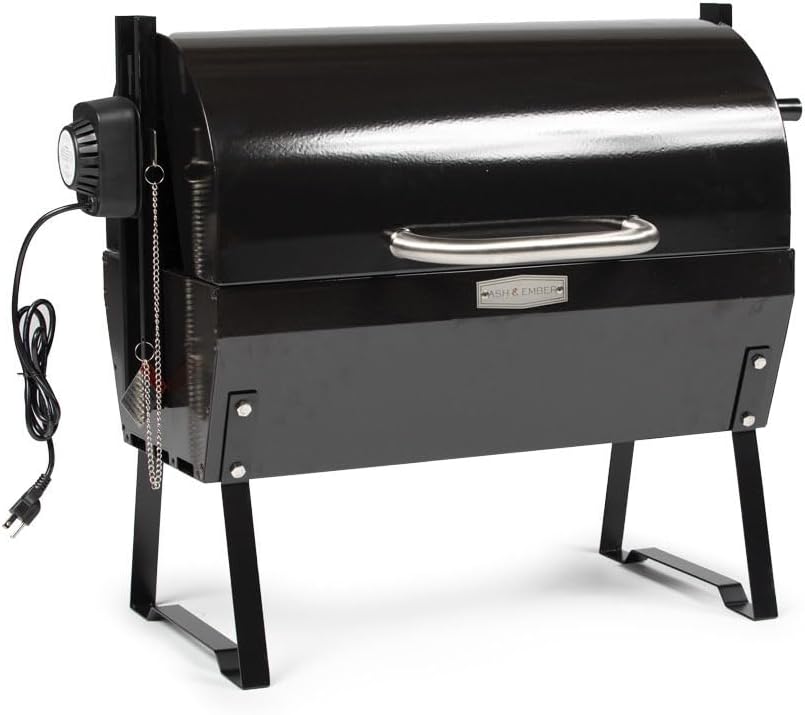 Ash & Ember 4W Rotisserie Spit Roaster Grill, Rated 33 LB, Horizontal Adjustable Spit Rod for Outdoor Charcoal BBQ with Hood, Roast Chicken, Lamb
