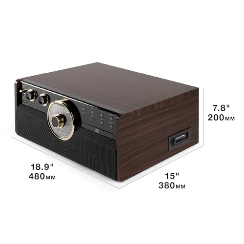 Victrola The Empire Mid-Century 6-in-1 Turntable & Multimedia Center with Built-in Speakers – 3 Speed, Bluetooth Connectivity, Radio
