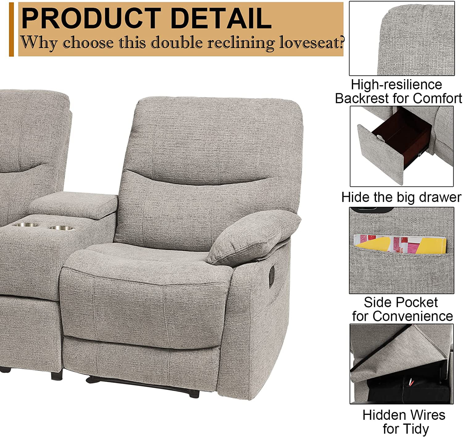 Double Reclining Loveseat - Fabric Home Theater Seating with Console - Glider Reclining Couch for Living Room, Office