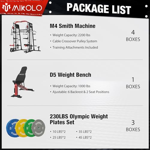Mikolo Smith Machine, 2200lbs Squat Rack with LAT-Pull Down System & Cable Crossover Machine, Training Equipment with Leg Hold-Down Attachment