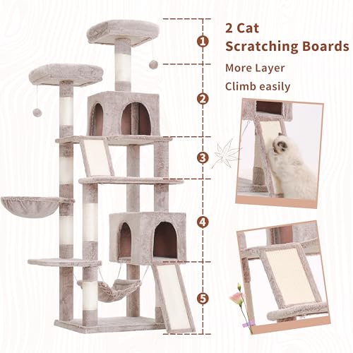 Cat Tree for Indoor Cats, 71'' (180cm) Multi-Level Cat Tower for Large Adult, Sturdy Cat Tree House with 2 Scratching Boards 7 Posts
