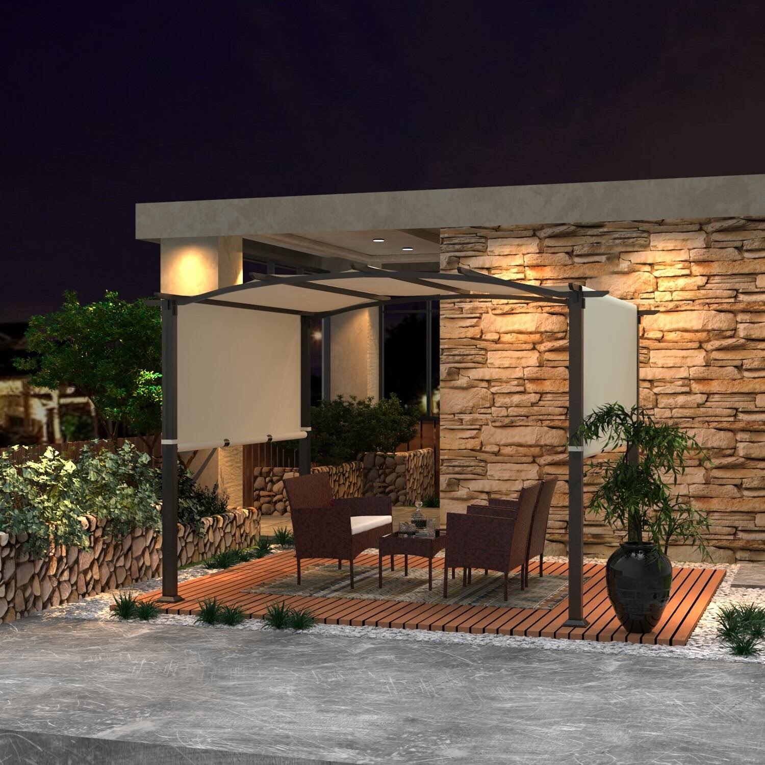 Pergola Gazebo Canopy Sun Shelter with Retractable Shades - 10&x8& - Black