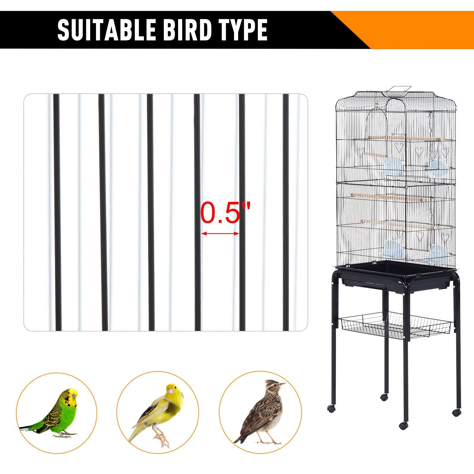 PawHut 63x22 Metal Indoor Bird Cage Starter Kit with Detachable Rolling Stand, Storage Basket, and Accessories - Black