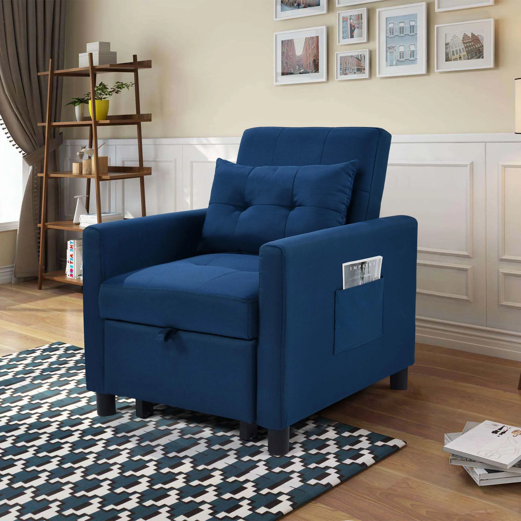 Aukfa Single Sofa Bed with Pull Out Sleeper, Convertible Futon Chair with Pocket for Living Room/Small Space - Blue
