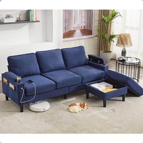 OUYESSIR L Shape Sectional Sofa Couch, 78" Linen 3 Seat Couch with Movable Storage Ottoman & USB Port