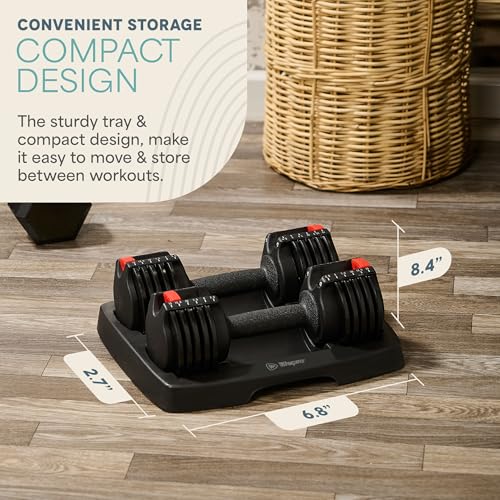 Lifepro Adjustable Dumbbells Set - 5in1-15lb 25lb 43lb 55lb weights Set & Single with Rack - Quick Adjust, Secure Grip