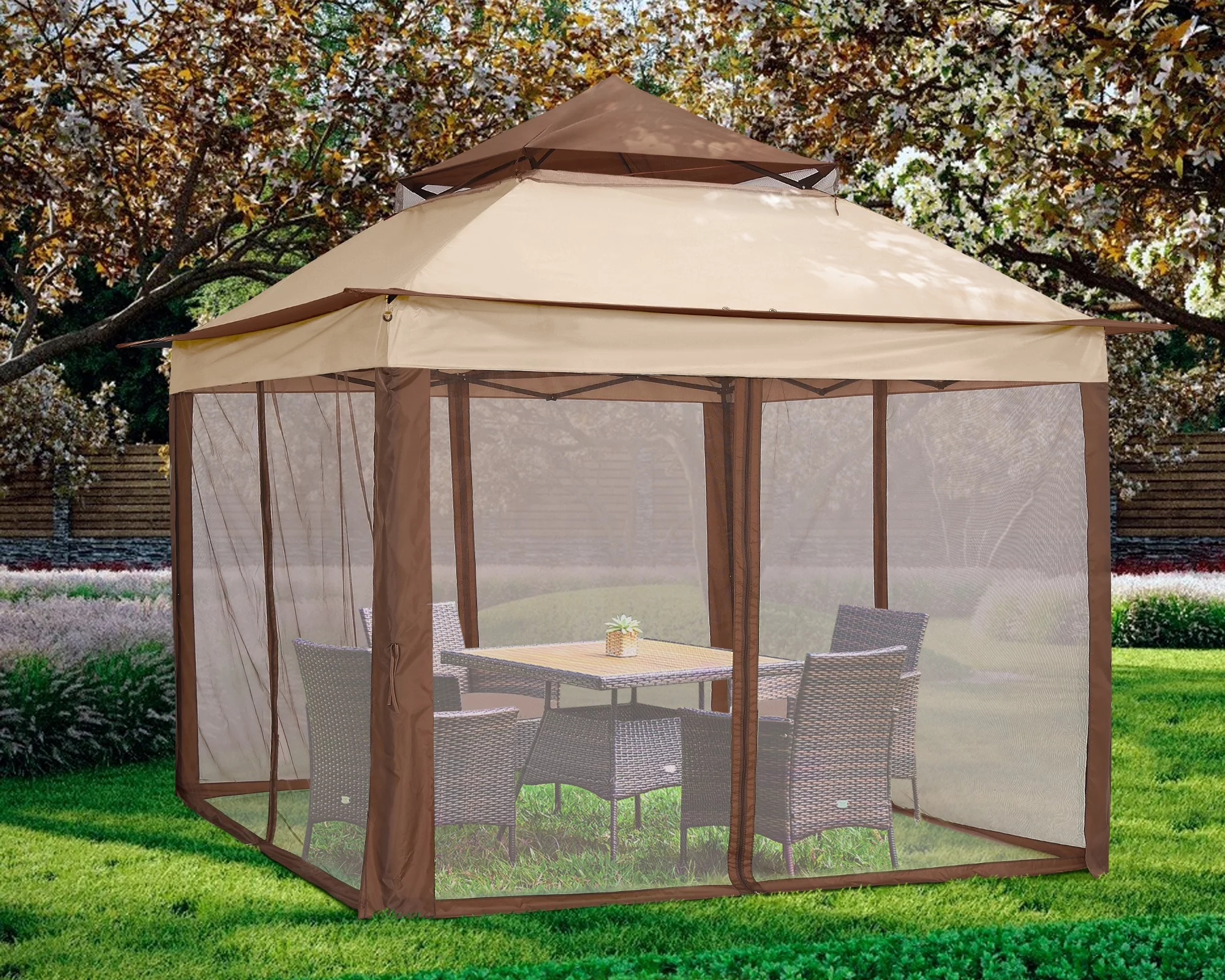 ABCCANOPY 13'x13' Gazebo Tent Outdoor Pop up Gazebo Canopy Shelter with Mosquito Netting, Brown