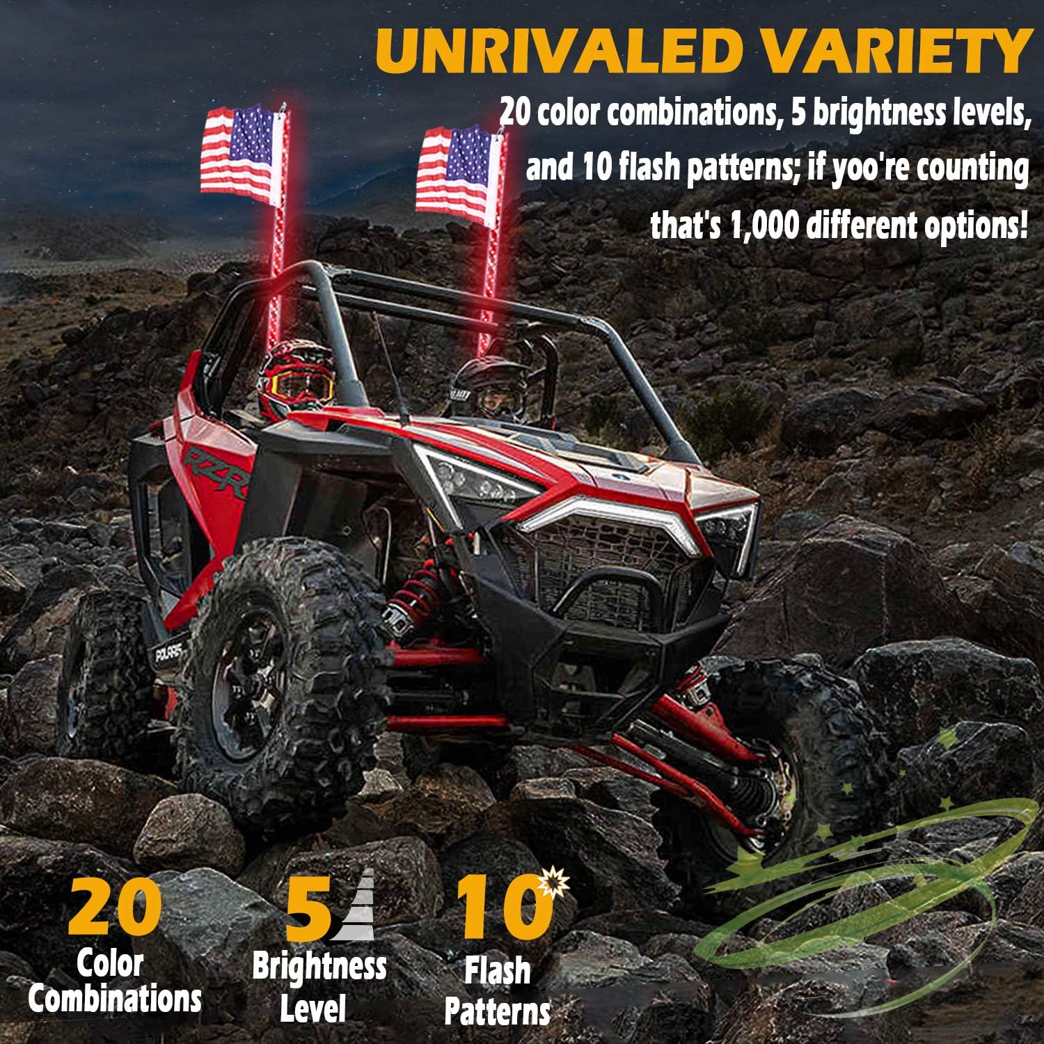 OHMU 2Pcs 3FT Spiral LED Whip Lights for UTV ATV [21 Modes] [20 Colors] [RF Wireless Remote] [Weatherproof] [USA Flag] LED Lighted Whips Antenna for
