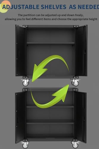Metal Storage Cabinet, Rolling Tool Cabinet with 2 Adjustable Shelves and Locks & 4 Wheels, Heavy Duty & Rust Resistant Tool Cart