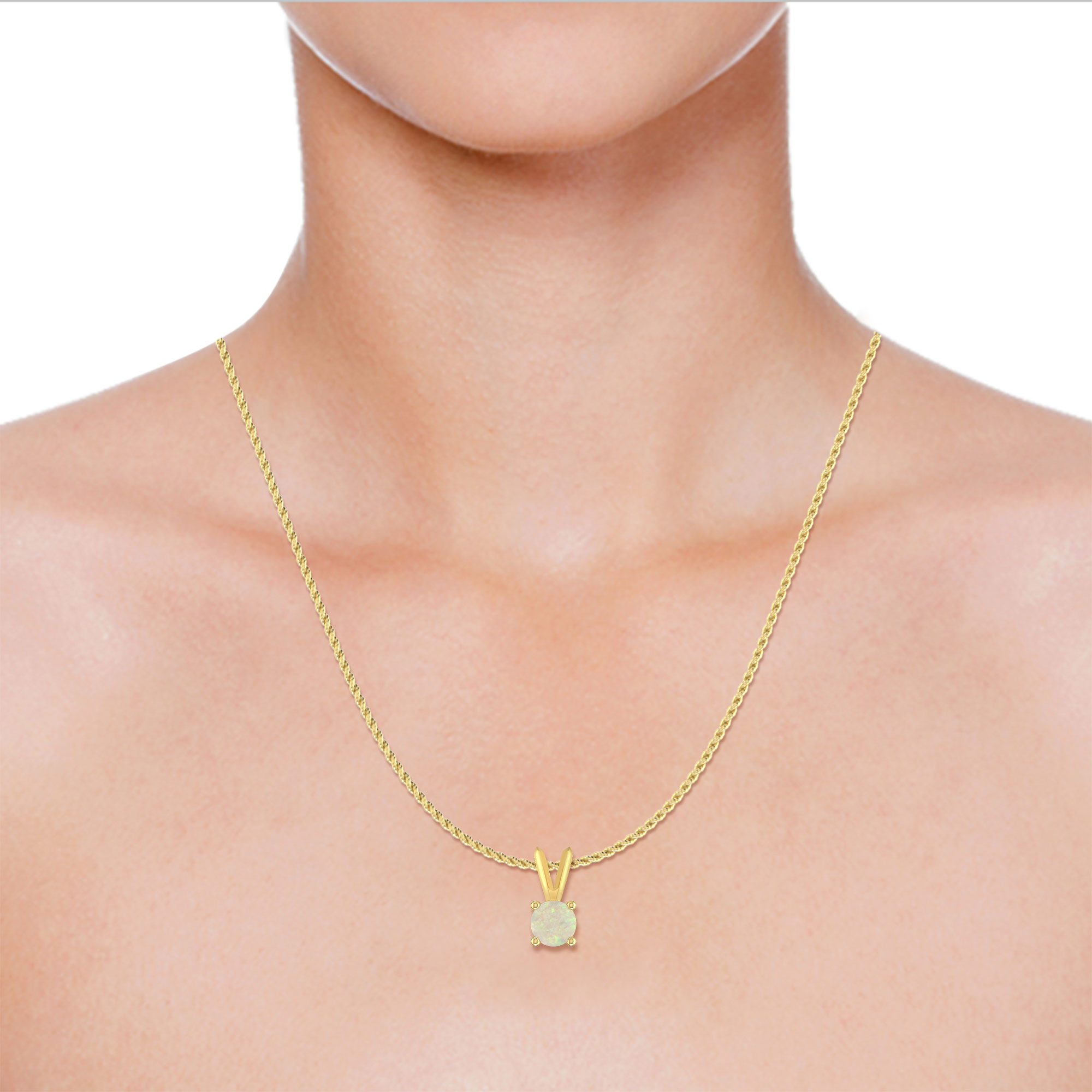 1/4 Carat Round Opal 14K Yellow Gold V-bail Solitaire Pendant Necklace For Women ( Gemstone 4.00MM )