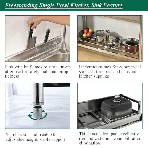 Stainless Steel Utility Sink Freestanding Kitchen Sink with Faucet Single Bowl 16 Gauge Outdoor Workbench with Knife Hole for Restaurant or Laundry