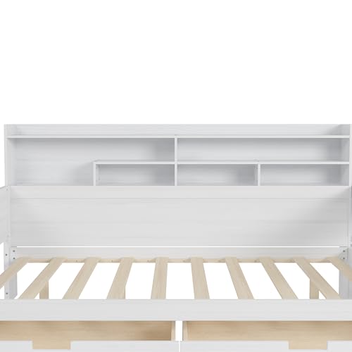 Bellemave Twin Corner Bed Frame with Storage Shelves and Desk, Wood Twin Size Daybed with Bookcase and Drawers and Storage, Gray