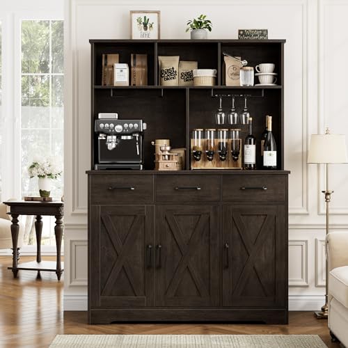 HOSTACK Buffet Cabinet with Hutch, Modern Farmhouse Kitchen Buffet Sideboard Storage Cabinet with 3 Drawers, Barn Door Coffee Bar Station