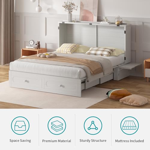 BALUS Murphy Cabinet Bed, Queen Cabinet Chest Bed with USB Charging Station, Tri-Fold Mattress