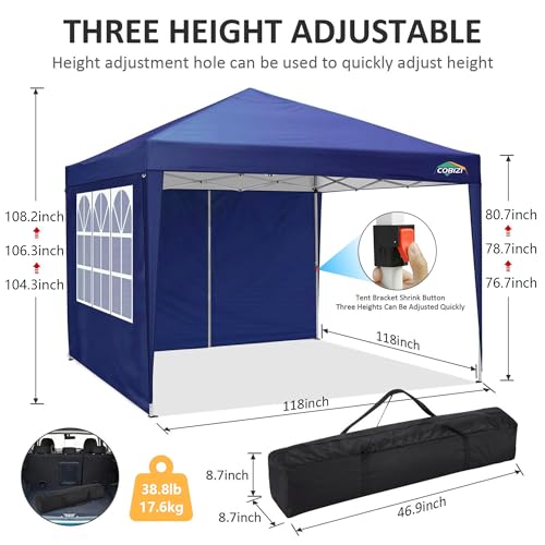 COBIZI 10x10 Pop up Canopy Tent Protable Canopy Tent with 4 Sidewalls Waterproof Commercial Instant Shelter for Parties, Wedding