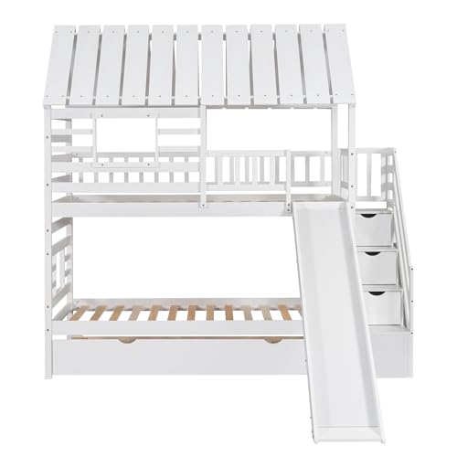 Kids Twin Over Twin Bunk Beds with Slide and Trundle, Solid Wood Bunk Bed Frame with Stairs and Storage