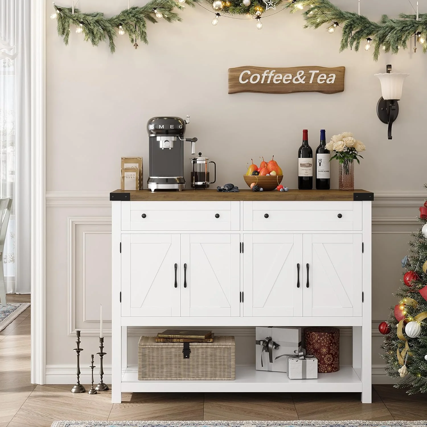 Buffet Sideboard Cabinet with Storage, 47.2" Modern Farmhouse Coffee Bar with 2 Drawers, Barn Doors Console Table with Shelf for Kitchen, Dining Room